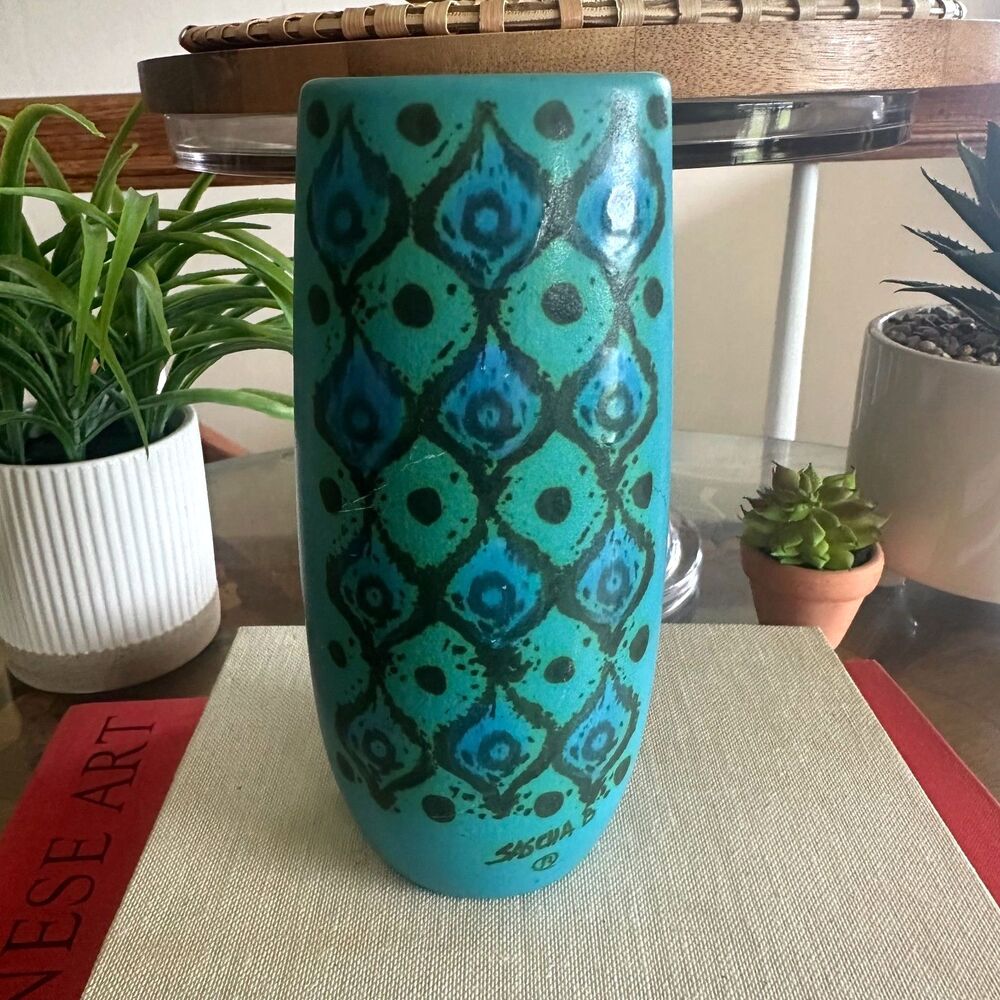 Vintage MCM Sasha Brastoff Turquoise Blue Art Pottery Bud Vase Peacock Design